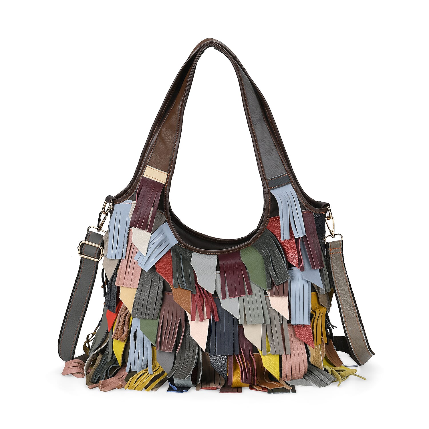 Chaos By Elsie Multi Color Genuine Leather Fringe Hobo Bag (14.5"x4.9"x12.2") with Detachable Shoulder Strap