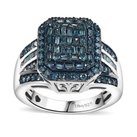 TLV Blue Diamond (IR) Cluster Ring in Rhodium Over Sterling Silver (Size 11.0) 1.00 ctw