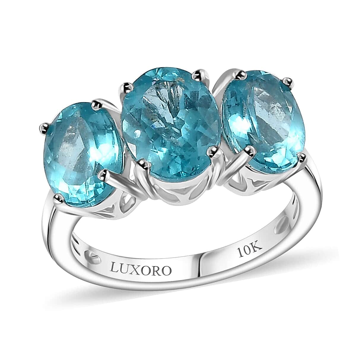 Luxoro 10K White Gold AAA Batroke Blue Apatite 3 Stone Ring (Size 10.0) 4.52 ctw