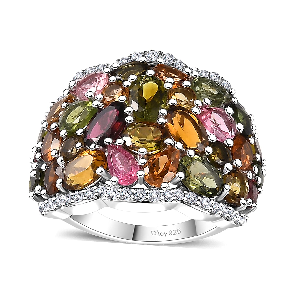 Multi-Tourmaline, White Zircon Ring in Platinum Over Sterling Silver (Size 7.0) 9.00 ctw
