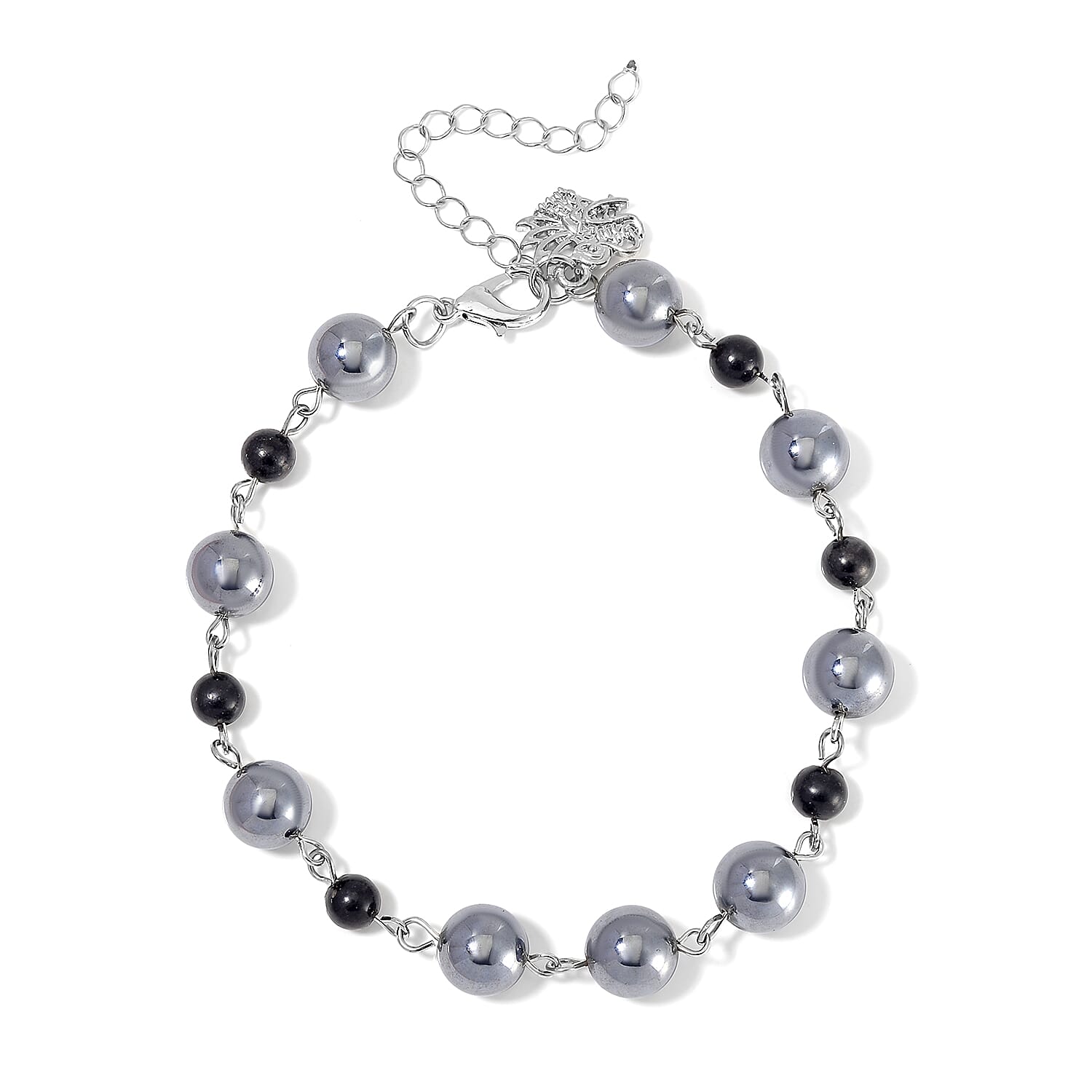 Terahertz and Shungite Beaded Anklet with Charm in Stainless Steel (9.50-11.50In) 75.00 ctw