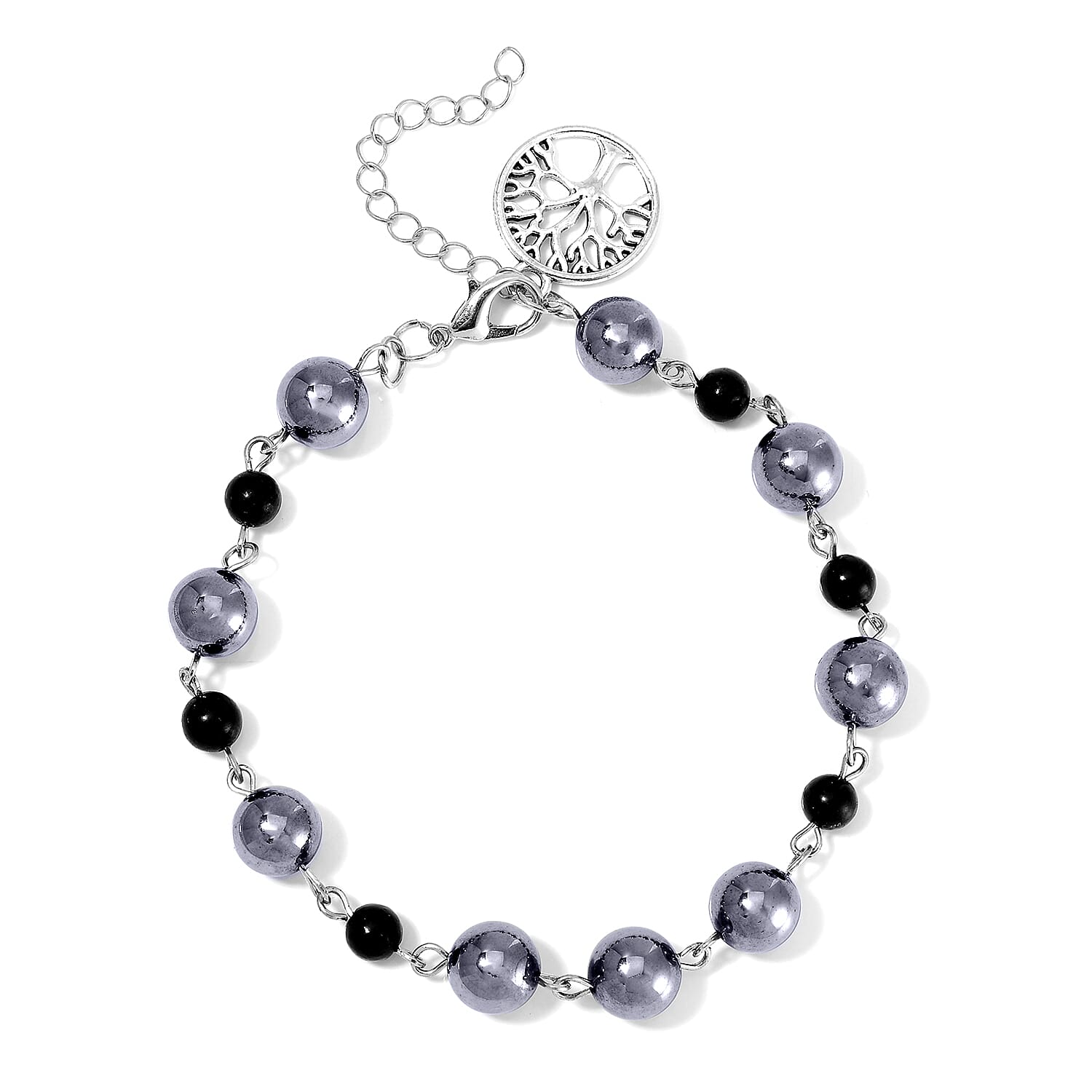 Terahertz and Shungite 75.00 ctw Beaded Anklet with Tree of Life Charm in Stainless Steel (9.50-11.50In)