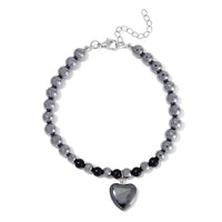 Shungite and Terahertz 105.00 ctw Beaded Anklet with Hematite Heart Charm in Stainless Steel (9.0-9.50In)