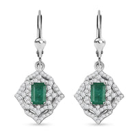Premium Kagem Zambian Emerald and White Zircon Lever Back Earrings in Rhodium Over Sterling Silver 2.15 ctw