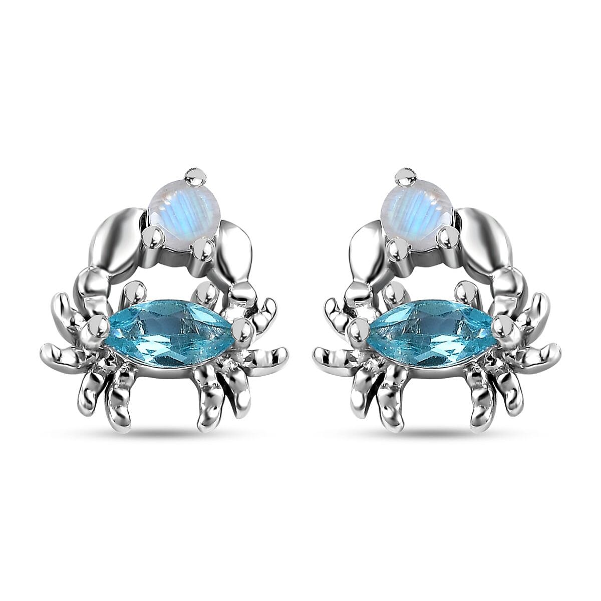 Betroka Blue Apatite and Rainbow Moonstone Crab Stud Earrings in Rhodium Over Sterling Silver 0.75 ctw