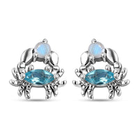 Betroka Blue Apatite and Rainbow Moonstone Crab Stud Earrings in Rhodium Over Sterling Silver 0.75 ctw