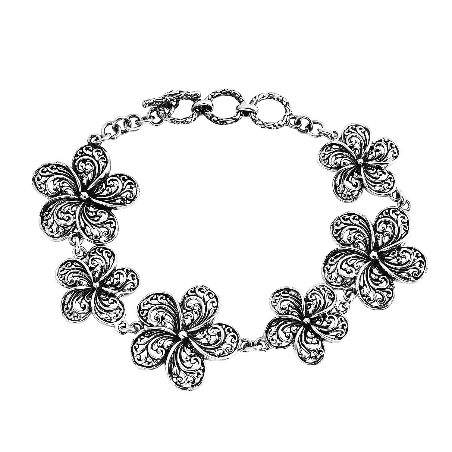 TLV Bali Legacy Sterling Silver Frangipani Flower Bracelet (8.00 In) (16.50 g)