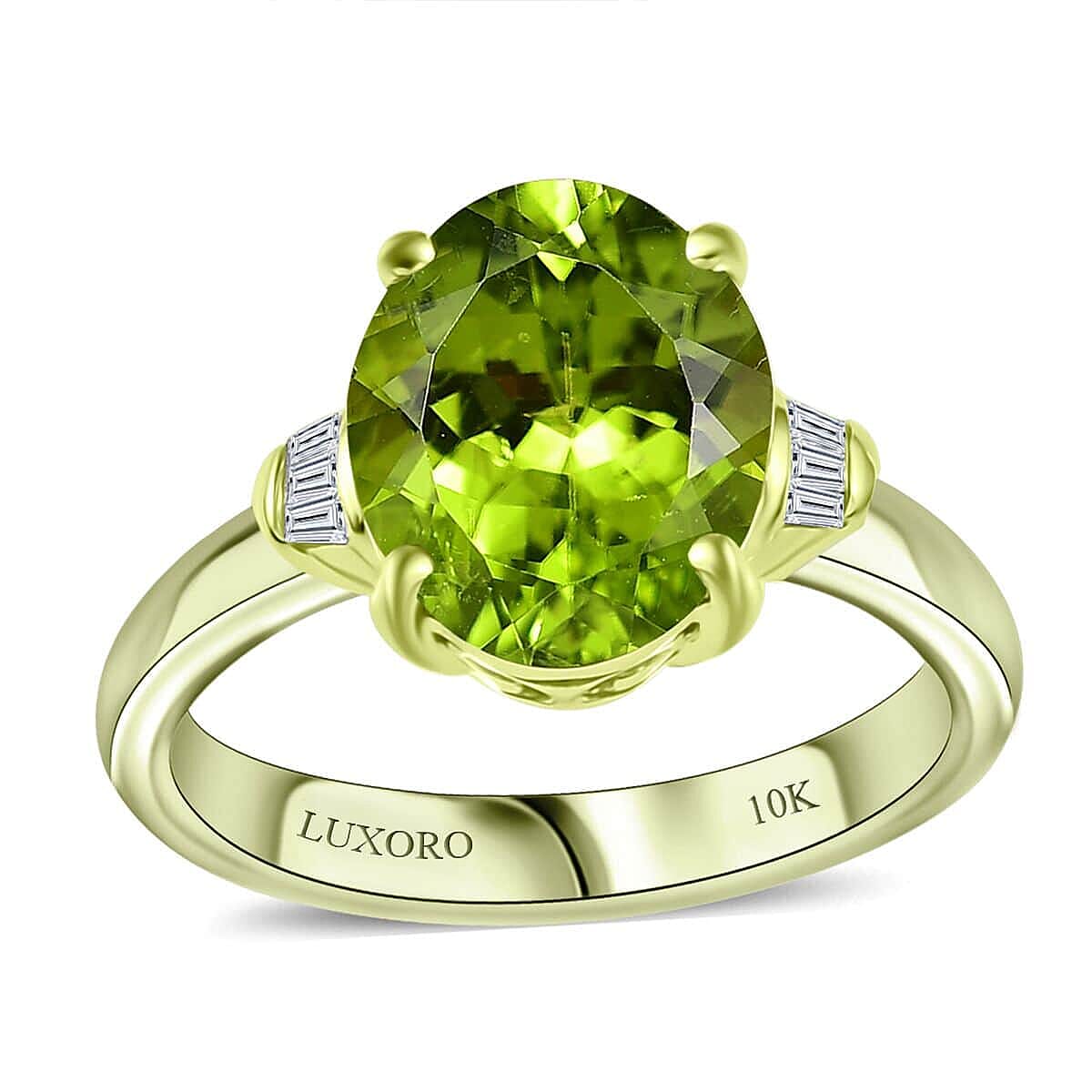 Luxoro 10K Green Gold Premium Peridot, Diamond (G-H, I2) Ring (Size 6.0) 3.75 ctw