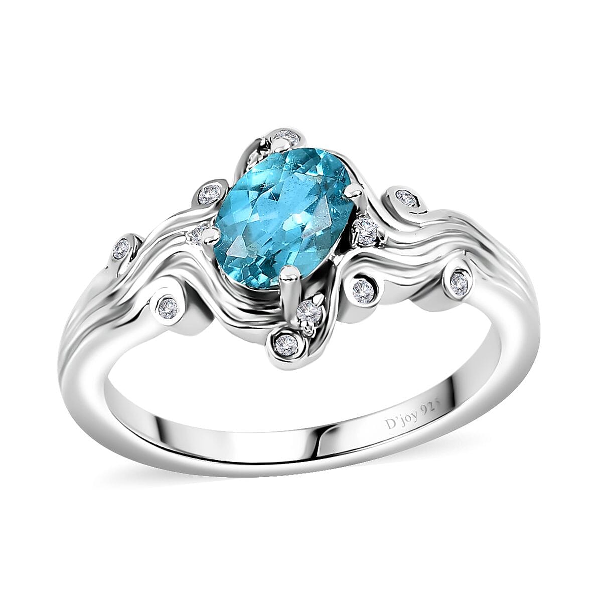 Betroka Blue Apatite, White Zircon Ocean Wave Ring in Rhodium Over Sterling Silver (Size 5.0) 0.90 ctw