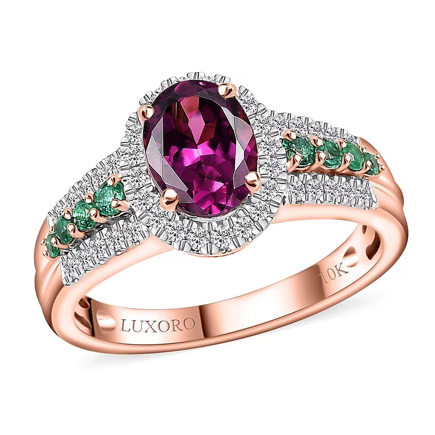 Certified & Appraised Luxoro 10K Rose Gold AAA Radiant Ember Garnet, Boyaca Colombian Emerald and G-H I2 Diamond Ring 1.93 ctw
