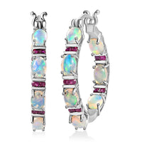 D'Joy Premium Ethiopian Welo Opal and Ruby Hoop Earrings in Platinum Over Sterling Silver 5.40 ctw