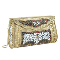 Handmade Metal Clutch Sling Bag With Mother Of Pearl Inlay And Bead Work