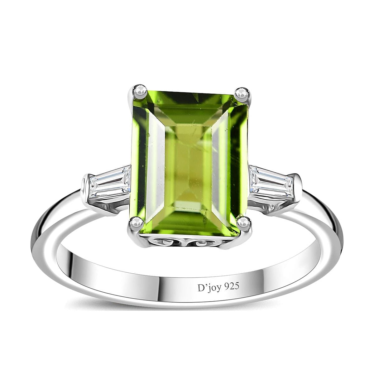 Peridot and Moissanite Saddle Ring in Rhodium Over Sterling Silver (Size 6.0) 3.30 ctw