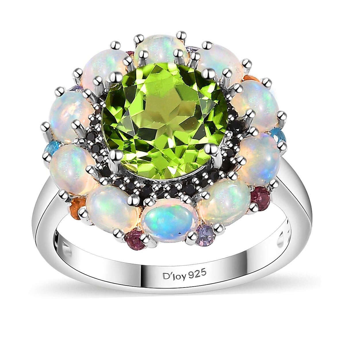 Peridot, Multi Gemstone Floral Ring in Rhodium Over Sterling Silver (Size 6.0) 4.85 ctw