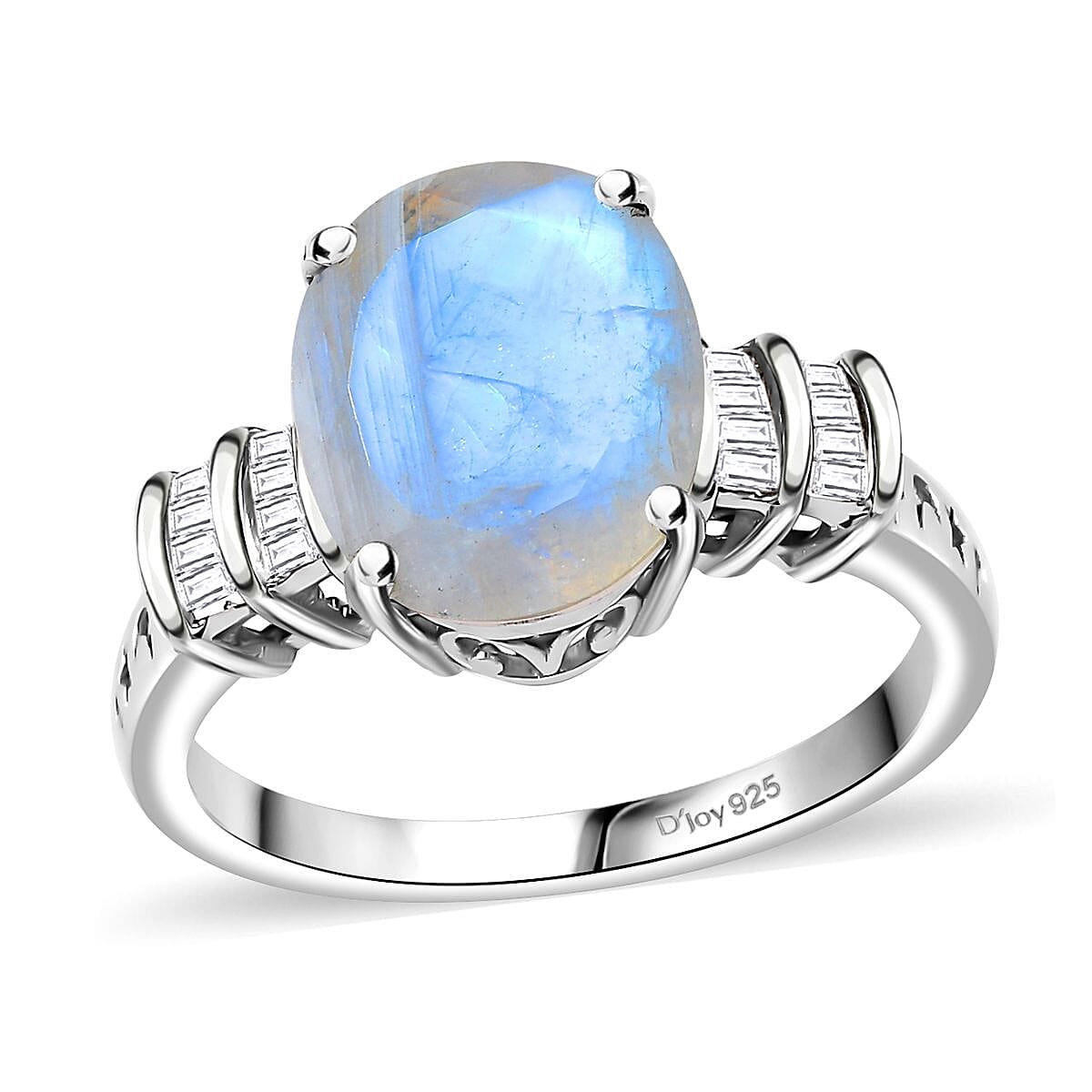 Rainbow Moonstone, Diamond Ring in Rhodium Over Sterling Silver (Size 6.0) 4.90 ctw
