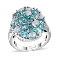 Batroke Blue Apatite, Multi Gemstone Pebbles Ring in Rhodium Over Sterling Silver (Size 5.0) 5.80 ctw