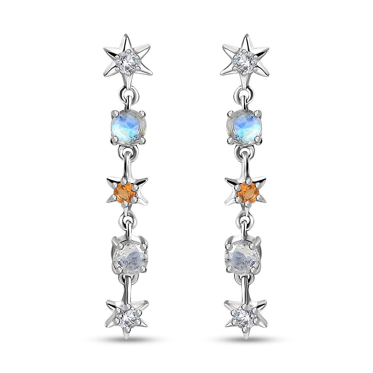 Moon Glow Moonstone and Multi Gemstone Celestial Earrings in Rhodium Over Sterling Silver 1.50 ctw