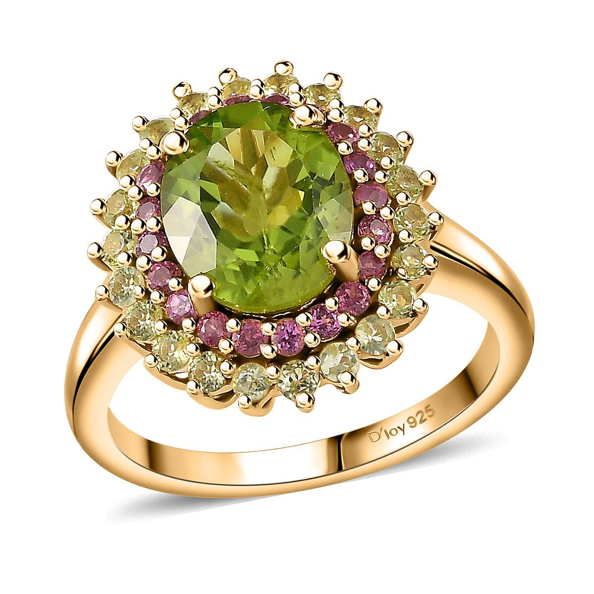 Peridot and Orissa Rhodolite Garnet Sunburst Ring in 18K Vermeil Yellow Gold Over Sterling Silver 3.90 ctw