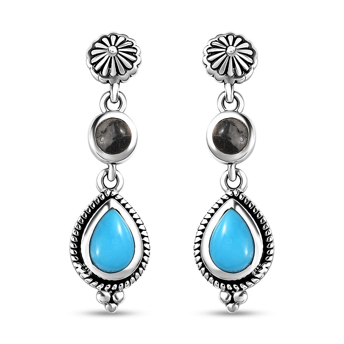 D'Joy Artisan Crafted Sleeping Beauty Turquoise and White Buffalo Dangling Earrings in Sterling Silver 2.00 ctw