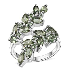 Natural Green Apatite Bypass Leaf Ring in Rhodium Over Sterling Silver (Size 6.0) 4.35 ctw