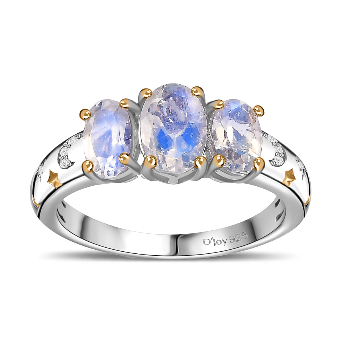 Moon Glow Moonstone, White Zircon Moon and Star Ring in 18K Vermeil YG and Rhodium Over Sterling Silver 1.60 ctw