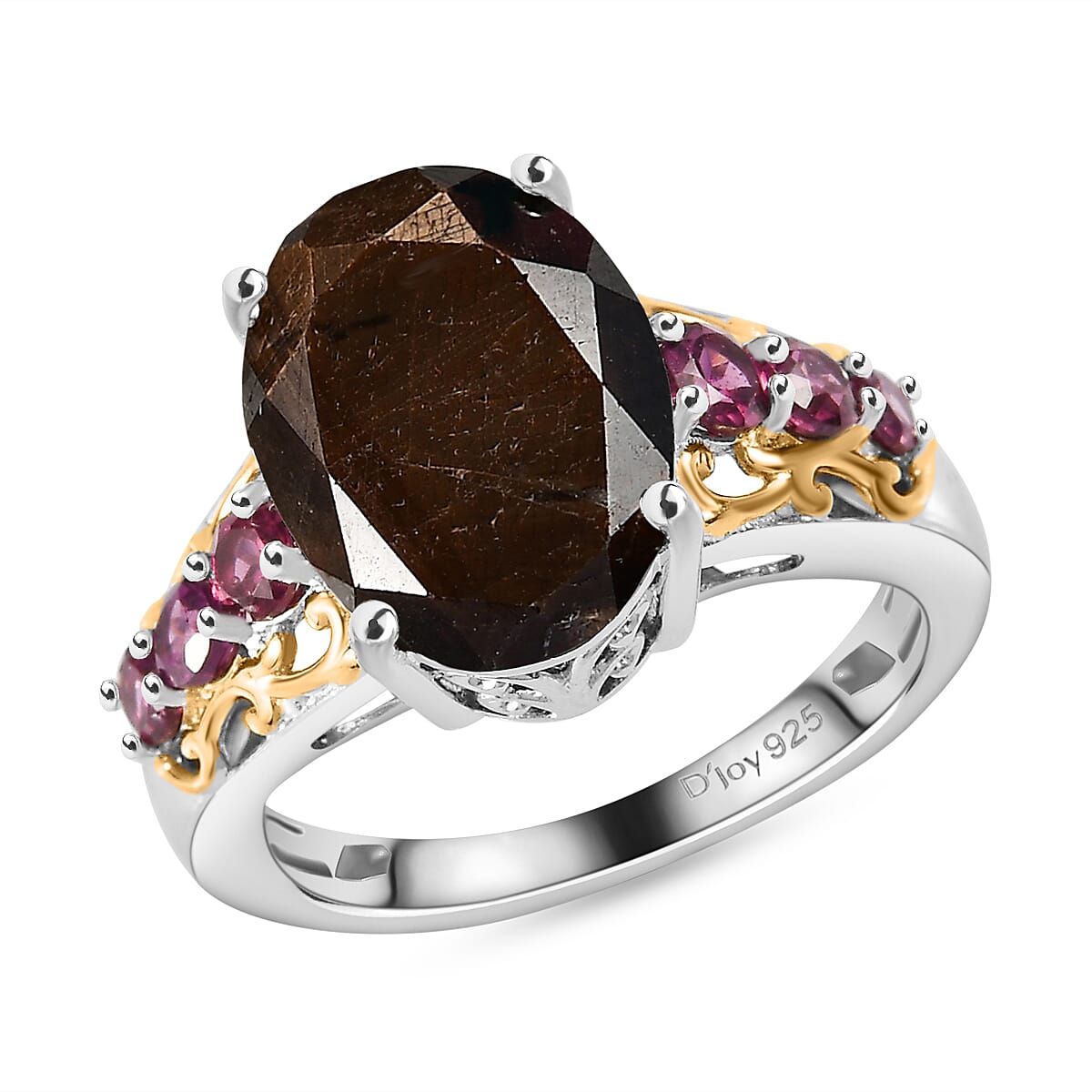 Zawadi Chocolate Sapphire, Orissa Rhodolite Garnet Ring in 18K Vermeil YG and Rhodium Over Sterling Silver (Size 6.0) 9.00 ctw