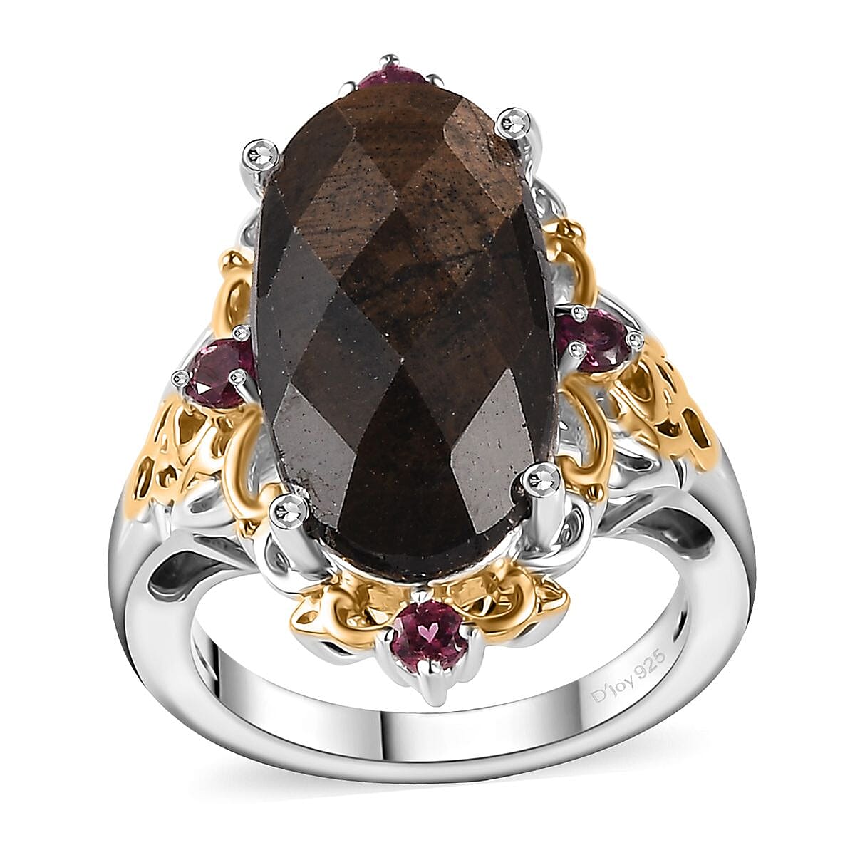 Zawadi Chocolate Sapphire, Orissa Rhodolite Garnet Ring in 18K Vermeil YG and Rhodium Over Sterling Silver (Size 6.0) 14.20 ctw
