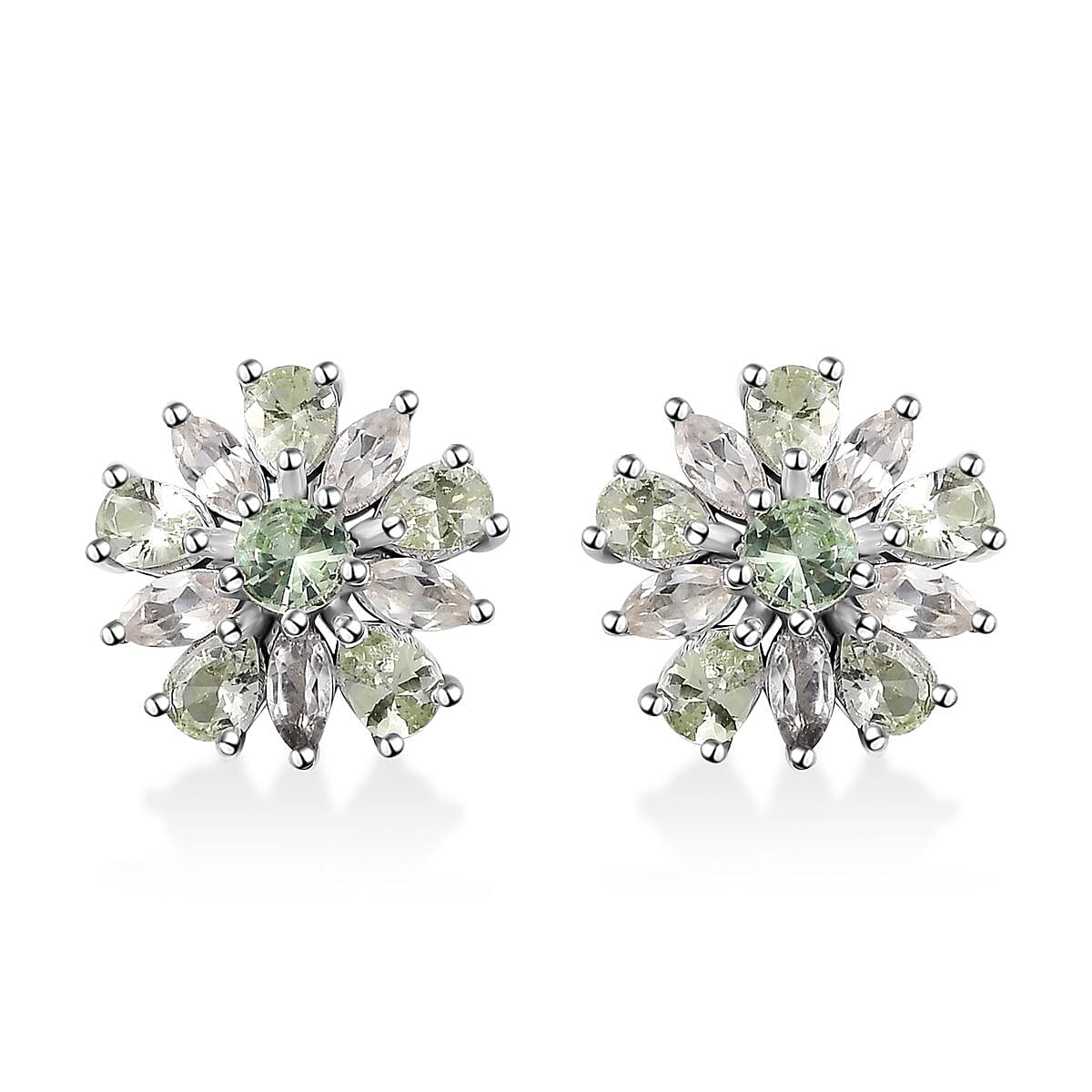 Brazilian Mint Garnet and White Zircon Flower Earrings in Rhodium Over Sterling Silver 3.10 ctw