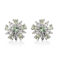 Brazilian Mint Garnet and White Zircon Flower Earrings in Rhodium Over Sterling Silver 3.10 ctw