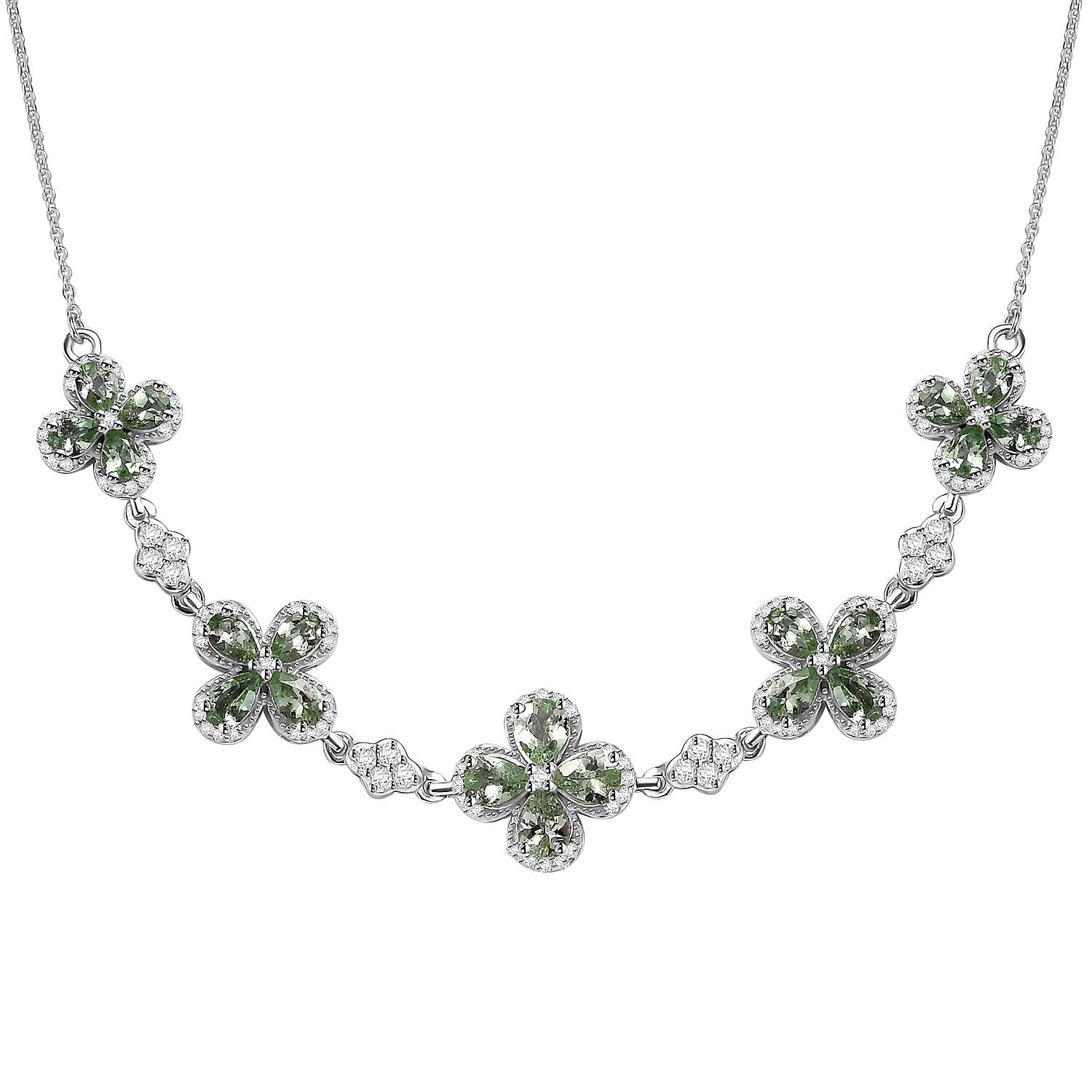 D'Joy Brazilian Mint Garnet and Moissanite Clover Necklace 18 Inches in Rhodium Over Sterling Silver 5.40 ctw