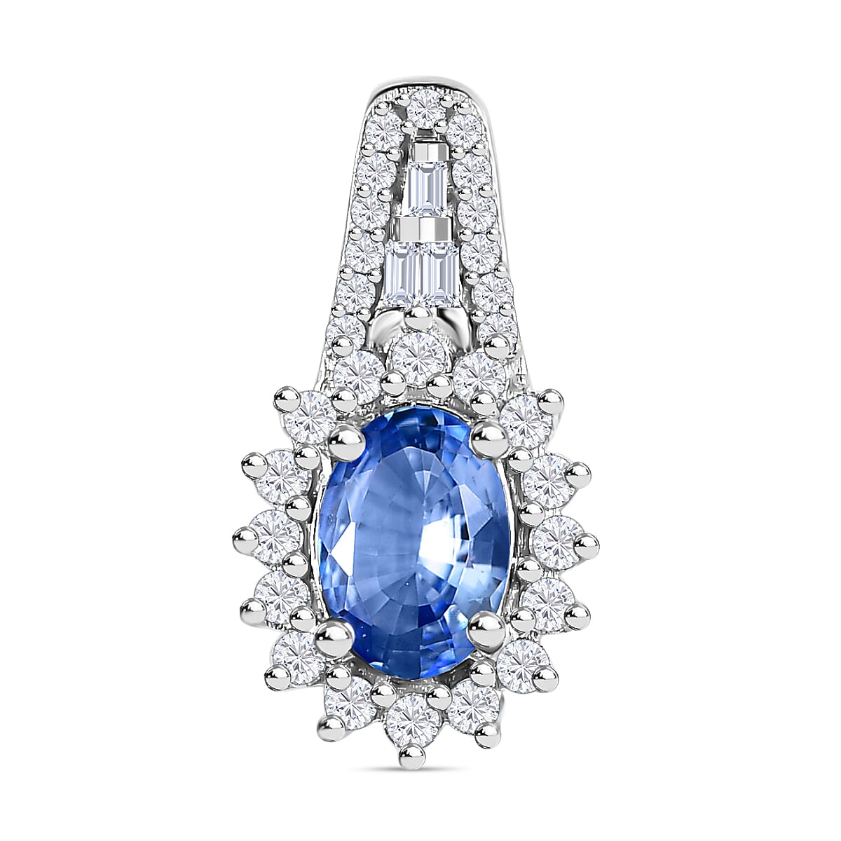 Luxoro 14K White Gold AAA Ceylon Blue Sapphire and G-H I2 Diamond Sunburst Pendant without Chain 1.25 ctw
