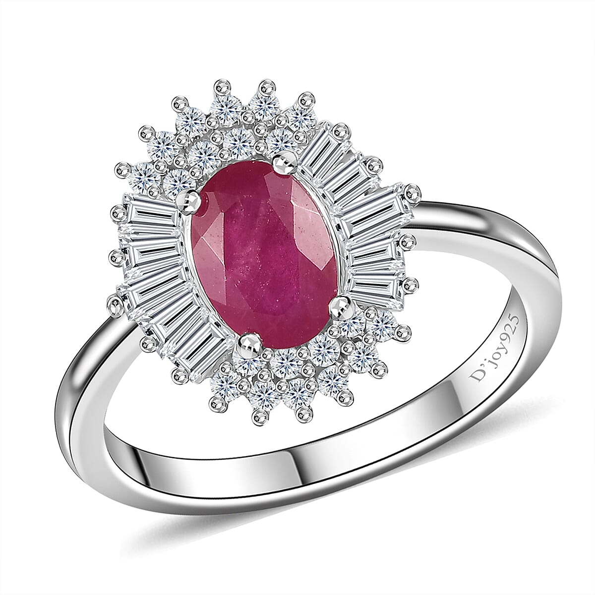 Montepuez Ruby, White Zircon Sunrays Ring in Rhodium Over Sterling Silver (Size 5.0) 1.80 ctw