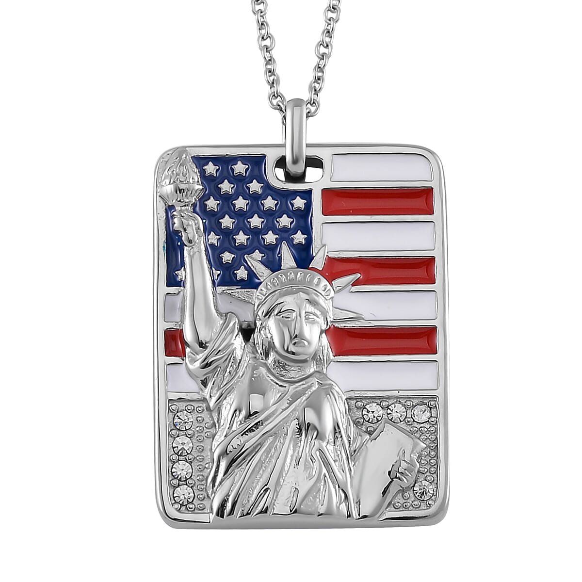 White Austrian Crystal American Flag with Statue of Liberty Necklace 20-22 Inches in Stainless Steel