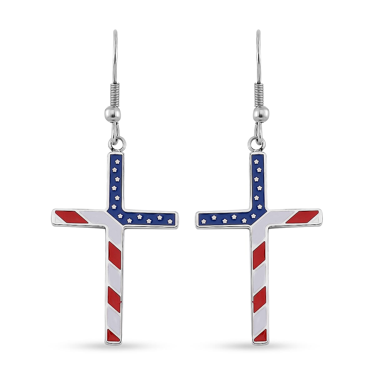Enameled American National Flag Cross Earrings in Stainless Steel