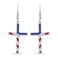 Enameled American National Flag Cross Earrings in Stainless Steel