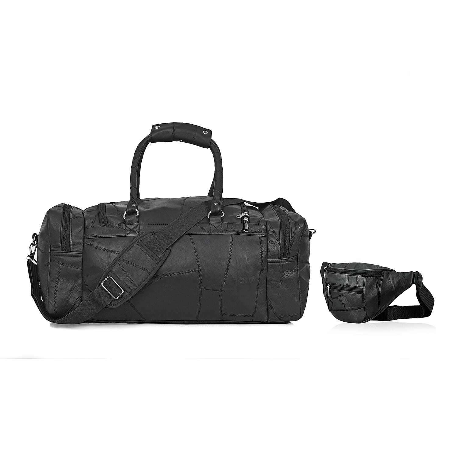 "100% Genuine Patch Leather Duffle bag And Fanny Pack (In set) Size-  8.5H x 20.5L x 9W Inches Color- Black"