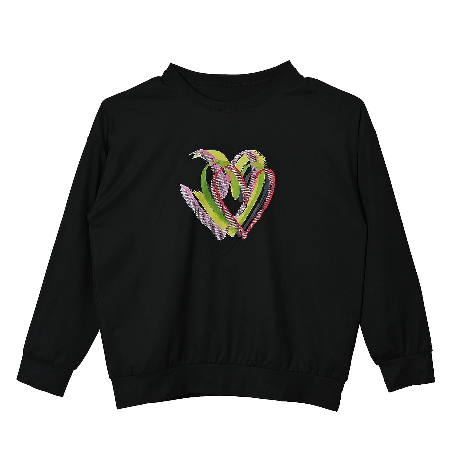 TLV Tamsy Round Neck Sparkly Heart Print Long Sleeve Top (S-L)