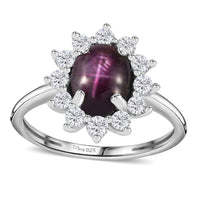 Indian Star Ruby and Moissanite Sunburst Ring in Rhodium Over Sterling Silver 2.65 ctw