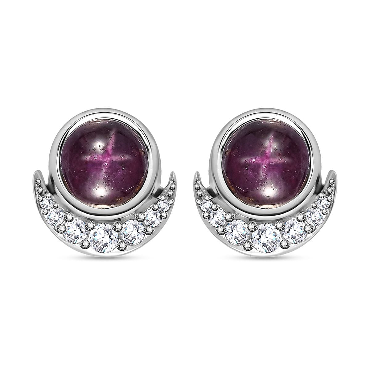 Indian Star Ruby and White Zircon Star and Moon Earrings in Rhodium Over Sterling Silver 3.65 ctw