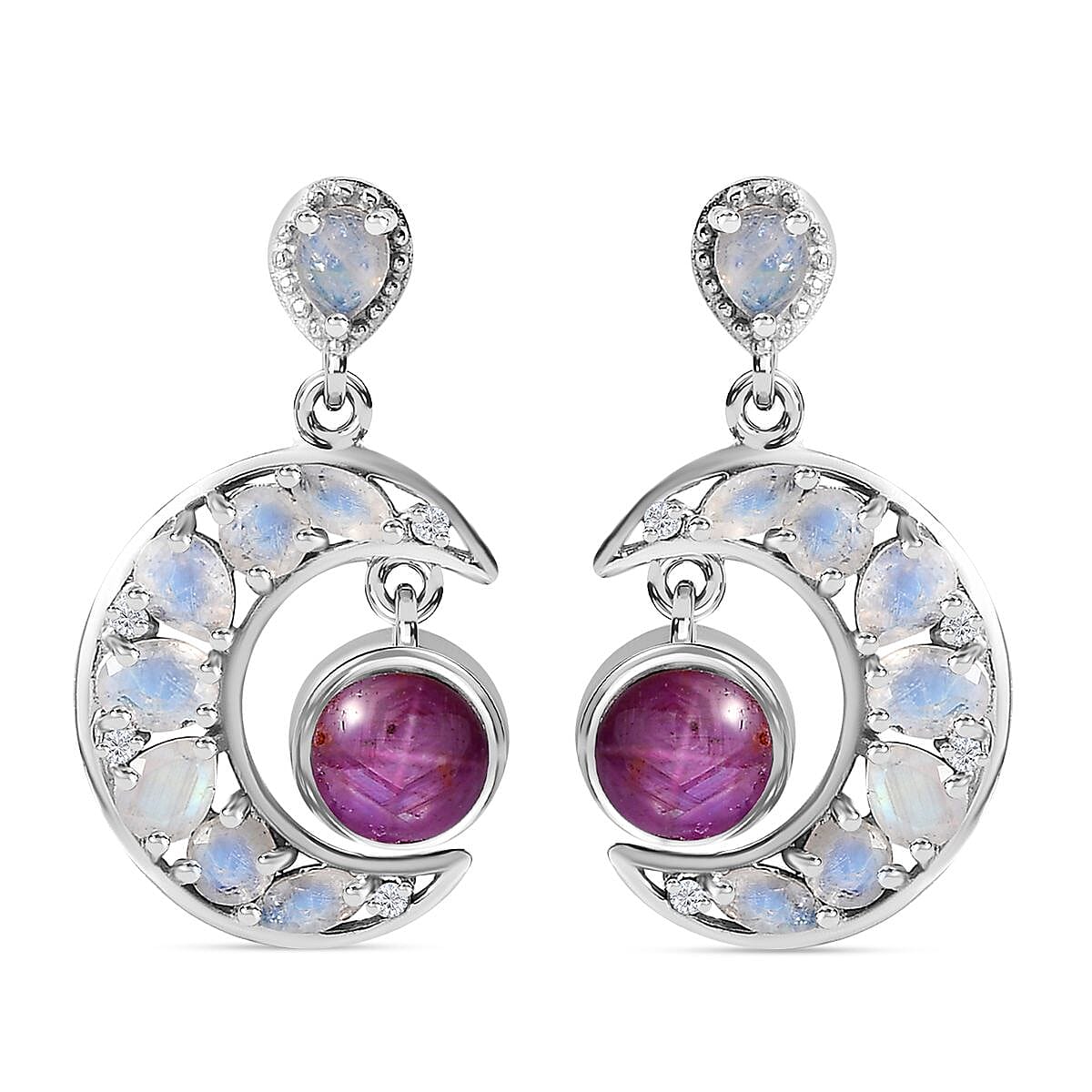 Indian Star Ruby and Multi Gemstone Celestial Earrings in Rhodium Over Sterling Silver 5.50 ctw