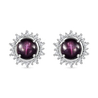 Indian Star Ruby and White Zircon Star Burst Earrings in Rhodium Over Sterling Silver 5.60 ctw
