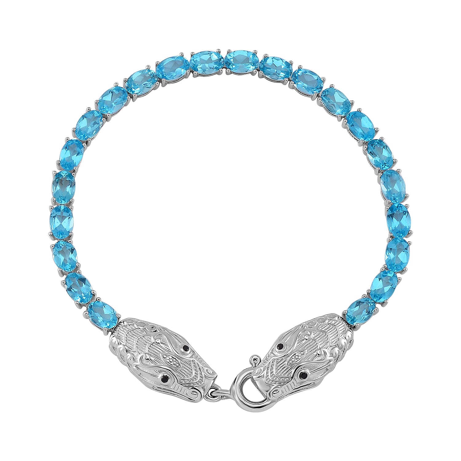 TLV Betroka Blue Apatite, Thai Black Spinel Double Dragon Head Bracelet in Rhodium Over Sterling Silver (6.50 In) 12.90 ctw