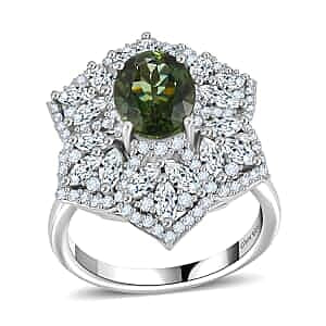 Premium Natural Green Apatite, Moissanite Ring in Rhodium Over Sterling Silver (Size 6.0) 4.10 ctw