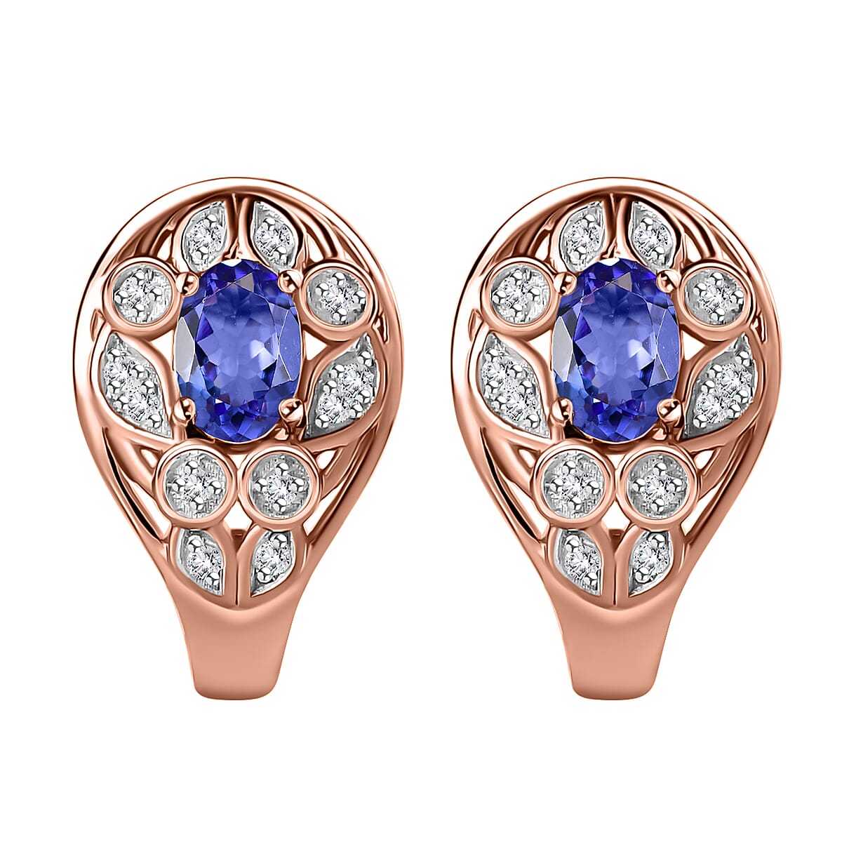 Tanzanite and Uncut Natural Pink Diamond 1.05 ctw J-Hoop Earrings in 18K Vermeil Rose Gold Over Sterling Silver