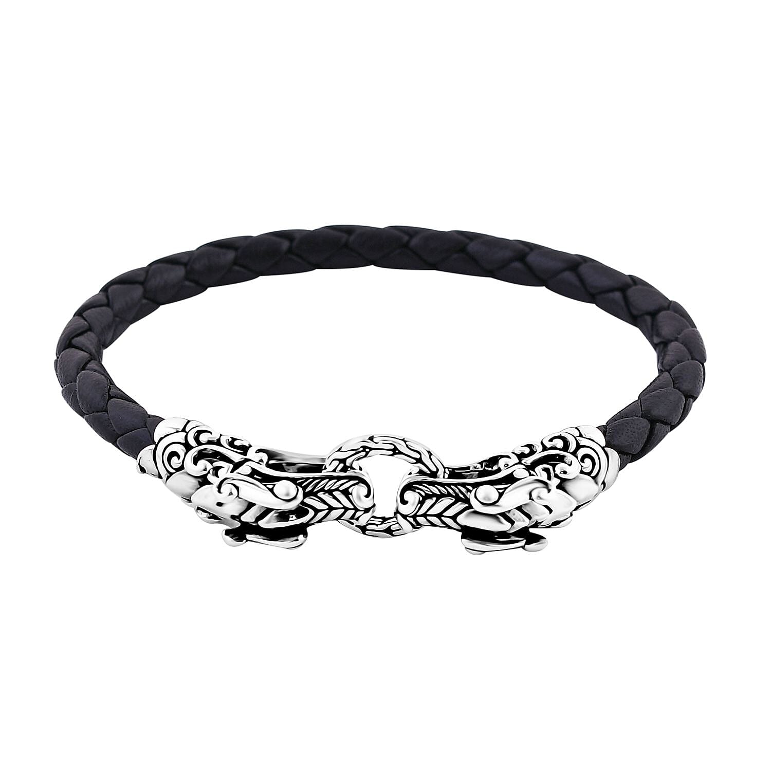 Bali Legacy Dragon Bracelet in Sterling Silver and Leather Cord (6.50 In)