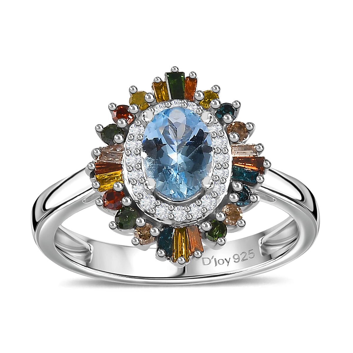 Santa Maria Aquamarine, Multi Diamond (Natural & IR) (0.50 cts) Double Halo Ring in Rhodium Over Sterling Silver (Size 5.0) 1.25 ctw