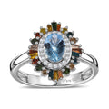 Santa Maria Aquamarine, Multi Diamond (Natural & IR) (0.50 cts) Double Halo Ring in Rhodium Over Sterling Silver (Size 5.0) 1.25 ctw - Sticky add to cart bar