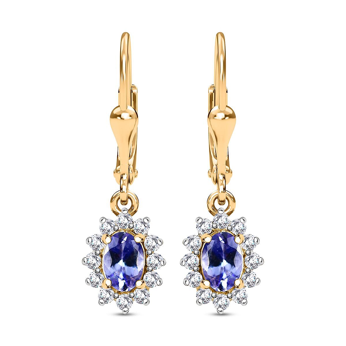 Tanzanite and White Zircon Sunburst Lever Back Earrings in Vermeil Yellow Gold Over Sterling Silver 1.50 ctw