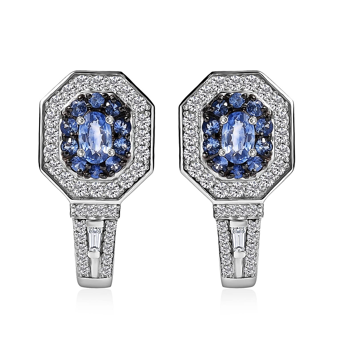 TLV Ceylon Blue Sapphire, Moissanite Earrings in Platinum Over Sterling Silver 2.20 ctw