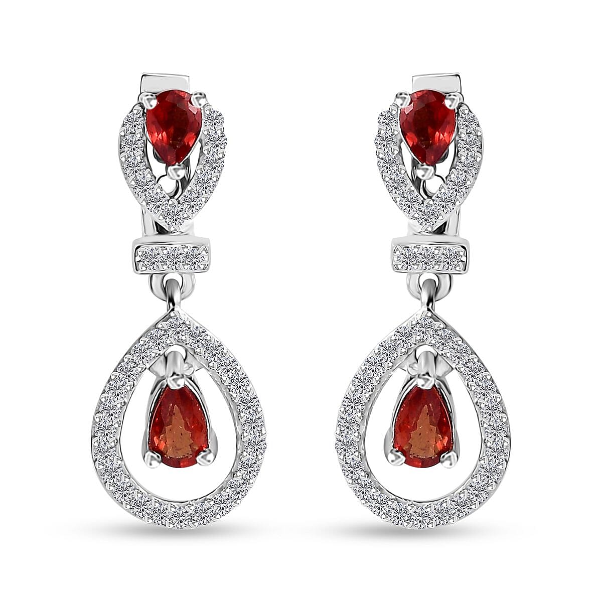 Sanguine Sapphire and White Zircon Drop Earrings in Rhodium Over Sterling Silver 1.30 ctw